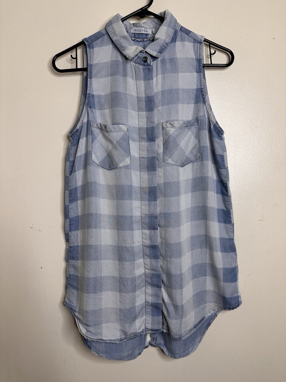 Kenneth Cole Reaction Womens Size Lg Tunic Top Plaid Tencel Sleeveless Button Up